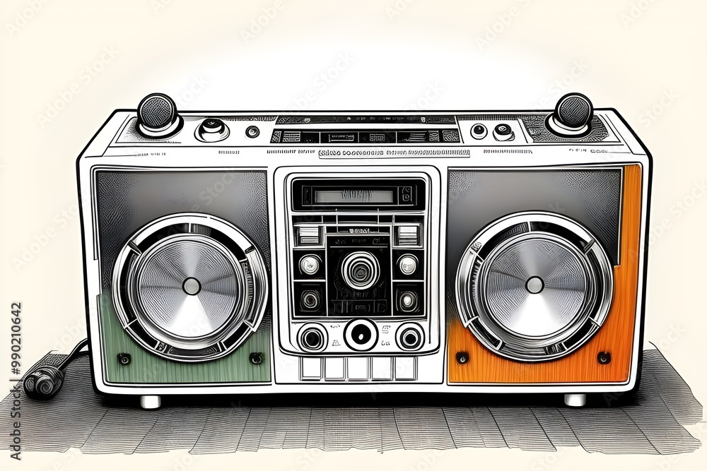 Fototapeta premium unbranded fictional retro vintage etching, drawing of a ghetto blaster, radio, cassette player, speakers, music, boombox, old school, 1980s, 1990s, hip hop, analog, audio, sound, stereo, tape deck 