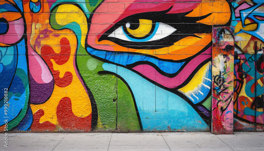 Obraz premium A graffiti-covered urban wall, showcasing vibrant colors, bold lines, and an edgy, artistic vibe
