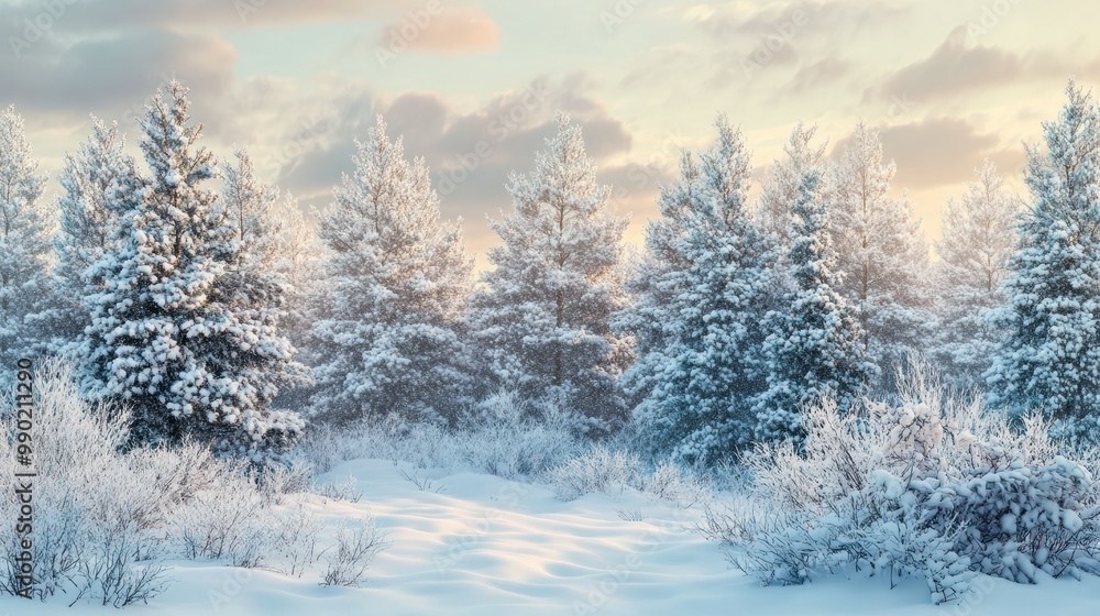Pine trees covered with snow on frosty evening. Beautiful winter panorama Pine trees covered with snow on frosty evening. Beautiful winter panorama