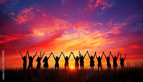 Group of joyful individuals silhouetted against a vibrant sunset sky, raising their hands in celebration and unity, embodying the spirit of togetherness and shared happiness.