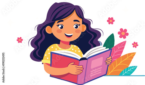 Cute brunette girl reading a book and smiling