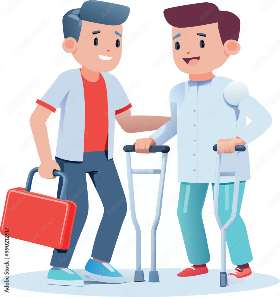 Smiling doctor helping patient walking using crutches Smiling doctor helping patient walking using crutches