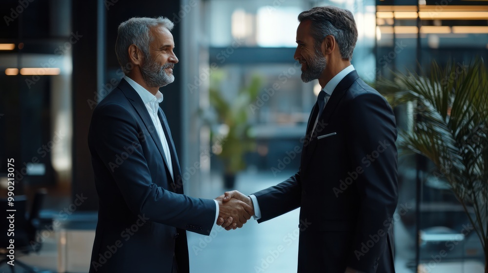 Two diverse professional business men executive leaders shaking hands at office meeting Two diverse professional business men executive leaders shaking hands at office meeting