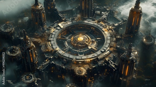 A steampunk fortress in a circular layout, surrounded by a mechanical moat with gears and steam vents, towers rising with intricate metal designs