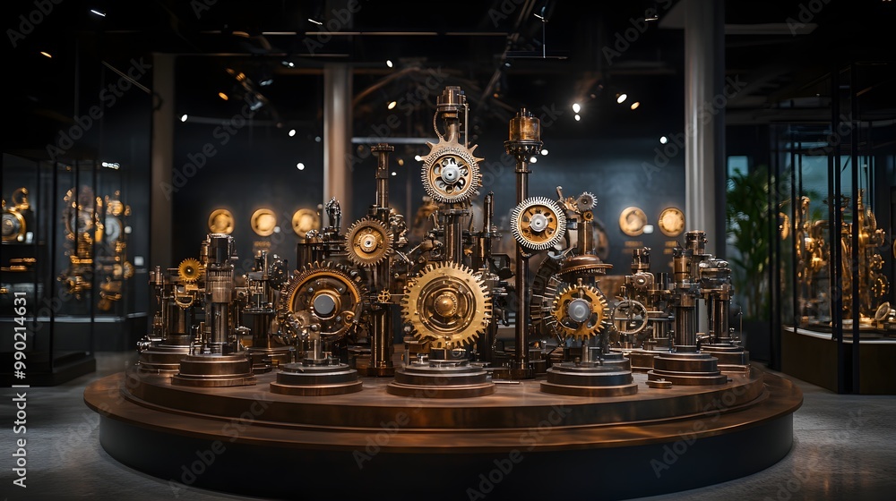 A steampunk-themed art gallery with a circle of mechanical sculptures, each telling the story of industrial revolution, gears and pipes intricately woven into each piece A steampunk-themed art gallery with a circle of mechanical sculptures, each telling the story of industrial revolution, gears and pipes intricately woven into each piece