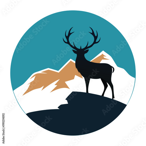 Composition of a circle an with deer staying on the top of the mountain