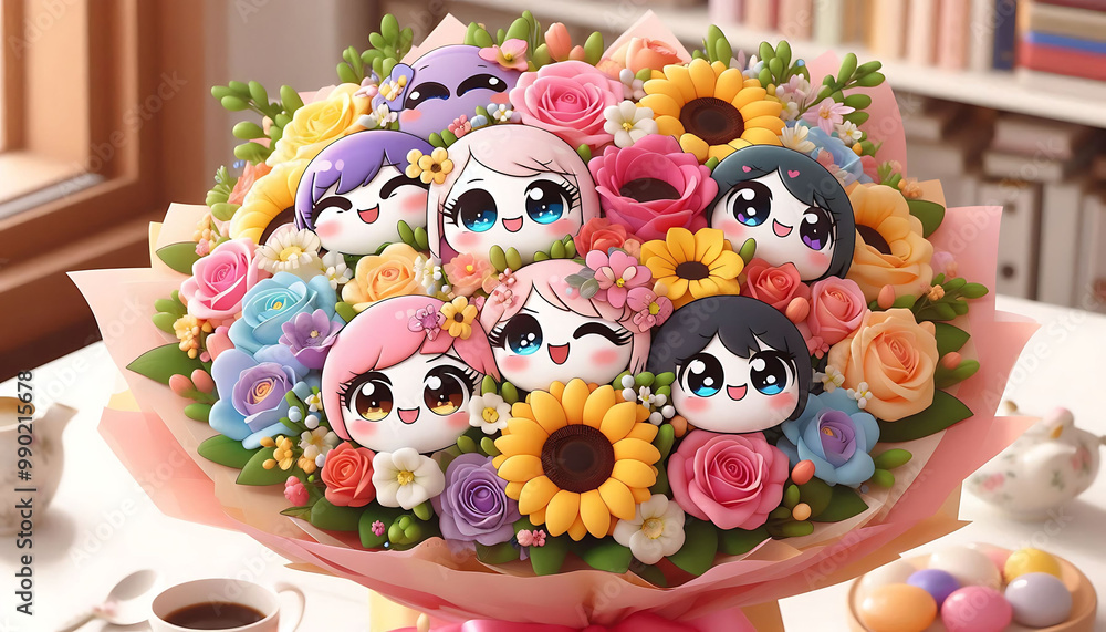 Colorful Flower Arrangement with Cute Characters Colorful Flower Arrangement with Cute Characters