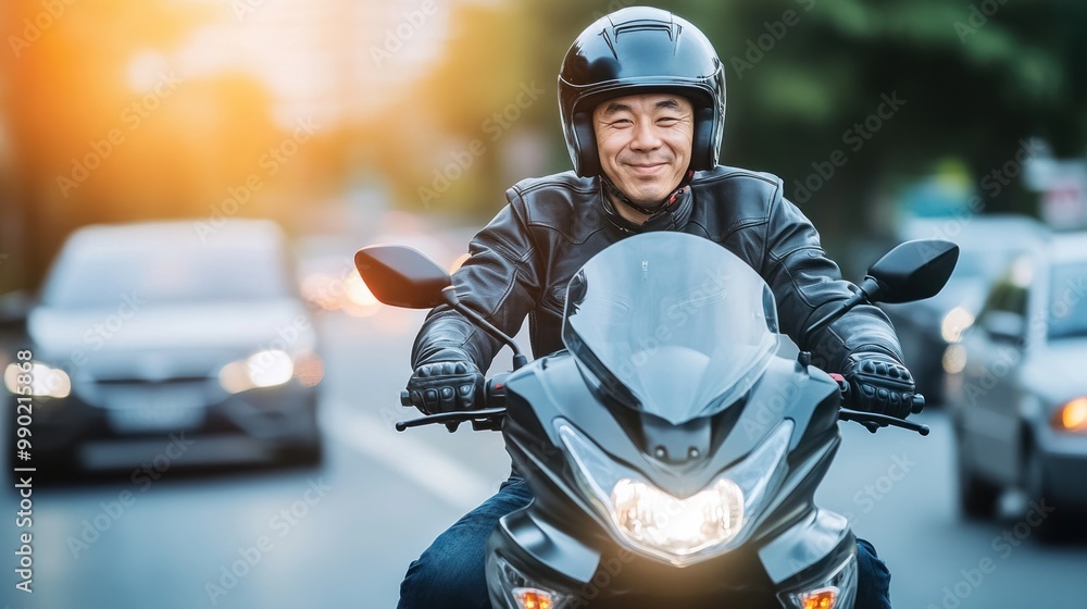 A cheerful motorcyclist enjoying a ride through busy city streets as the sun sets, surrounded by cars and urban scenery that enhances the vibrant atmosphere A cheerful motorcyclist enjoying a ride through busy city streets as the sun sets, surrounded by cars and urban scenery that enhances the vibrant atmosphere