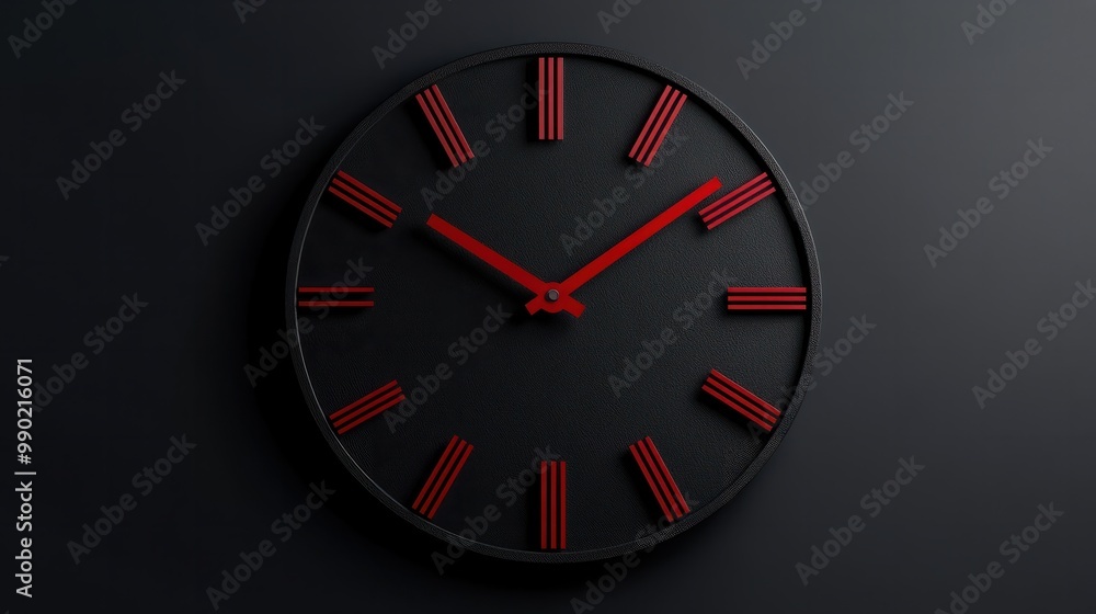 A black clock with red hands showing the time of 11:30 A black clock with red hands showing the time of 11:30