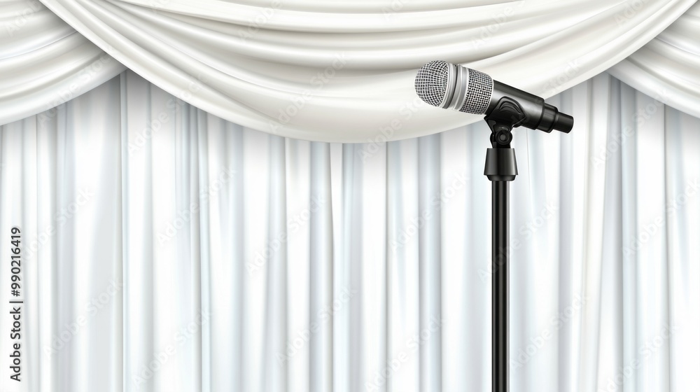 Obraz premium A microphone is positioned on a black stand in front of a soft, elegantly draped white curtain, indicating preparation for an event or performance