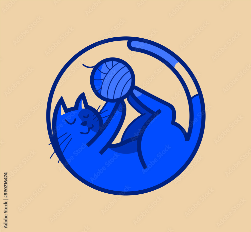 Blue cat play with ball of yarn logo design Blue cat play with ball of yarn logo design