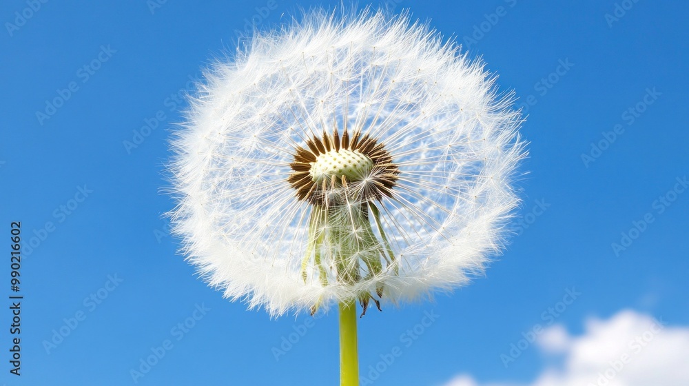 Obraz premium The dandelion puff is beautifully illuminated by sunlight, showcasing its delicate white seeds against the vivid blue backdrop of the sky, evoking a sense of natural beauty