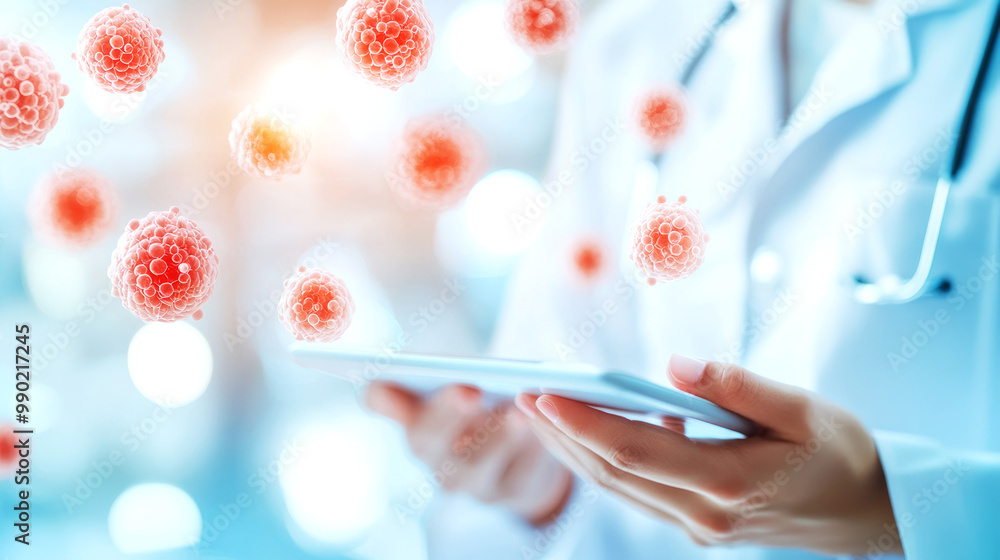 Medical professional showing the effects of antioxidants on human cells through a digital tablet Medical professional showing the effects of antioxidants on human cells through a digital tablet