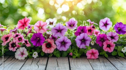 Vibrant purple petunia flower bed with blurred nature background for garden concept banner