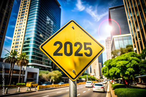 Photo Text 2025 on yellow sign against blue sky. New Year resolution and goal to change and progress, business success and growth strategy, future challenge vision, start or beginning, startup, calend