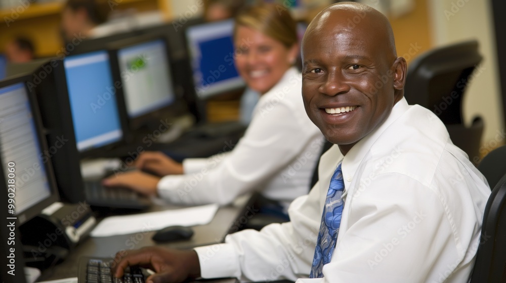 A diverse group of office workers engages in productive tasks at their computers, smiling and focusing on their screens, highlighting a collaborative workplace during business hours A diverse group of office workers engages in productive tasks at their computers, smiling and focusing on their screens, highlighting a collaborative workplace during business hours