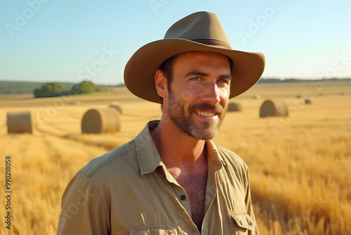 farmer in the field with hay bales