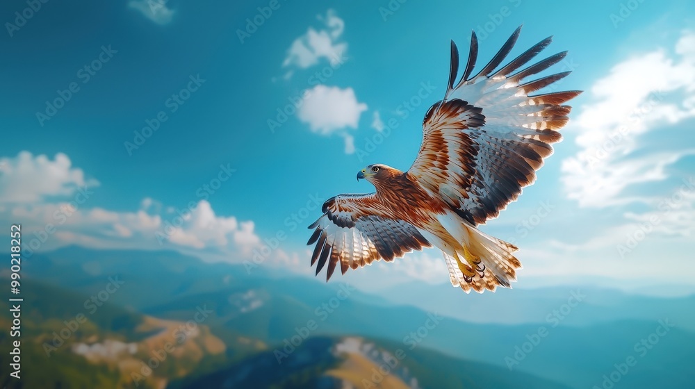 Obraz premium Majestic hawk soaring through a clear blue sky