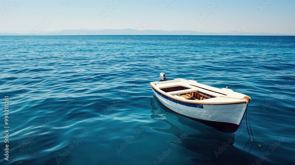 A solitary boat rests on tranquil turquoise waters, surrounded by vast sea views. The sun shines brightly overhead, creating a serene atmosphere. Distant mountains provide a scenic backdrop A solitary boat rests on tranquil turquoise waters, surrounded by vast sea views. The sun shines brightly overhead, creating a serene atmosphere. Distant mountains provide a scenic backdrop