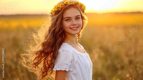 A girl with long, flowing hair smiles brightly while wearing a crown of flowers. She stands in a vibrant field bathed in warm sunset light, creating a joyful atmosphere