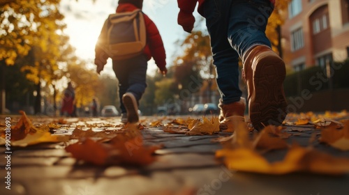 Two children stroll down a cobblestone path adorned with vibrant fallen leaves, illuminated by the warm glow of the setting sun in the background