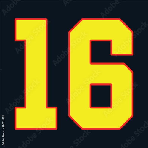 16 Classic Vintage Sport Jersey  Uniform numbers in black with a black outside contour line number on white background for American football, Baseball and Basketball or soccer for shirt