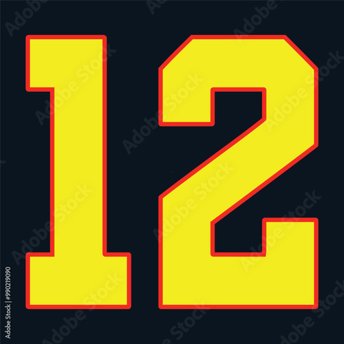 12 Classic Vintage Sport Jersey / Uniform numbers in black with a black outside contour line number on white background for American football, Baseball and Basketball or soccer for shirt