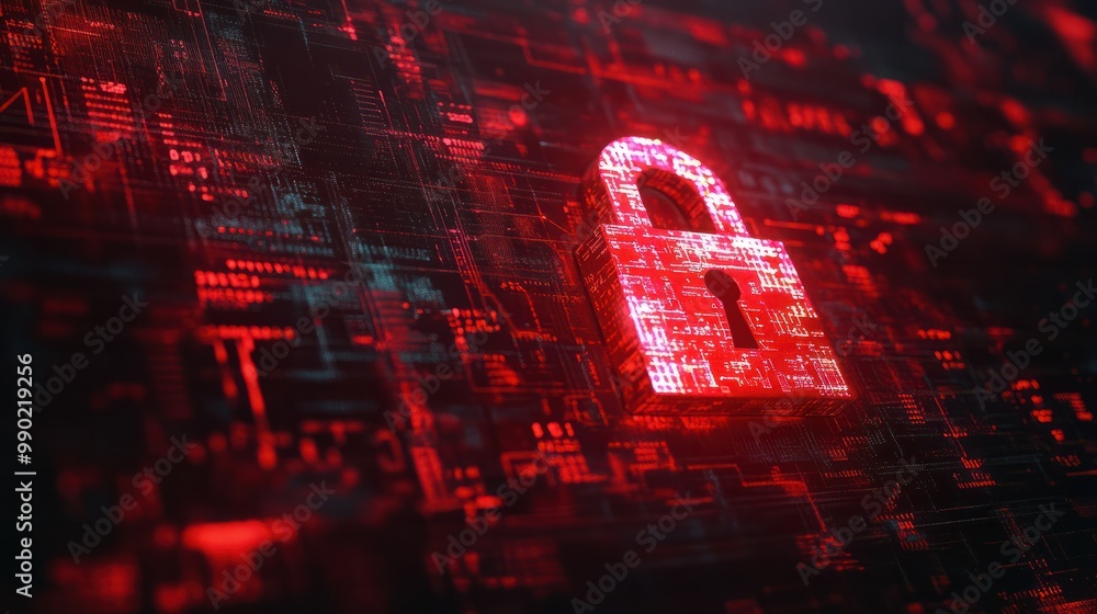 Abstract cybersecurity red alert warning padlock symbol with binary ...