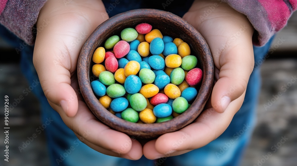 A young child cradles a rustic wooden bowl brimming with vibrant, multicolored candies, showcasing the joy of sweet treats in a cheerful outdoor atmosphere A young child cradles a rustic wooden bowl brimming with vibrant, multicolored candies, showcasing the joy of sweet treats in a cheerful outdoor atmosphere