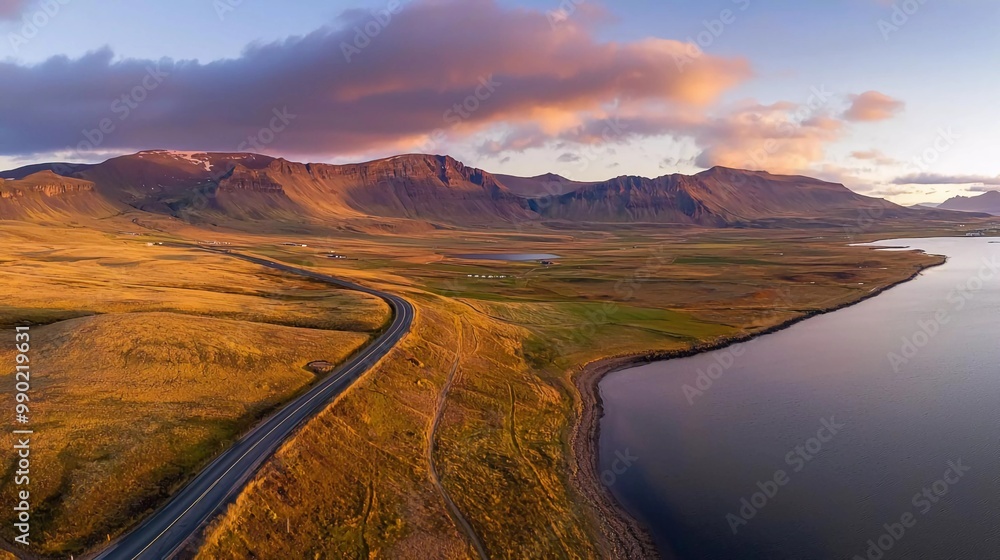 scenic road in Iceland, beautiful nature landscape aerial panorama, mountains and coast at beautiful sunset
scenic road in Iceland, beautiful nature landscape aerial panorama, mountains and coast at beautiful sunset