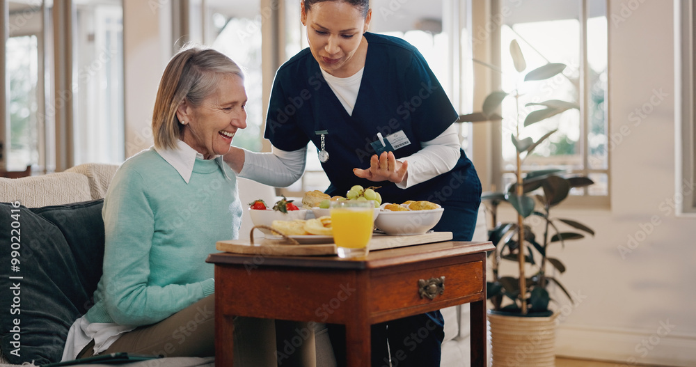 Senior woman, nurse and breakfast in home with talk, support and happy with nutrition for wellness. People, caregiver and helping hand with food, fruit and advice for diet with smile in retirement Senior woman, nurse and breakfast in home with talk, support and happy with nutrition for wellness. People, caregiver and helping hand with food, fruit and advice for diet with smile in retirement