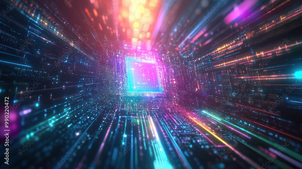 Fototapeta premium AI word on microchip and colorful light spread with strong beam , AI concept with copyspace banner background, Generative AI.