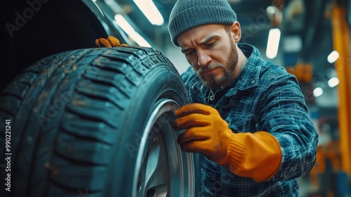 A mechanic inspects a tire in a workshop, showcasing attention to detail and expertise in tire maintenance and repair. photo