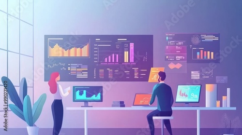 Analytics concept in flat design with people. Men and woman analyzing and researching business data, work with financial graph at dashboard. Illustration with character scene for web banner