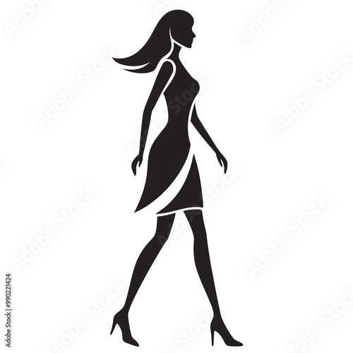 Walking women fashion model side view silhouette vector illustration