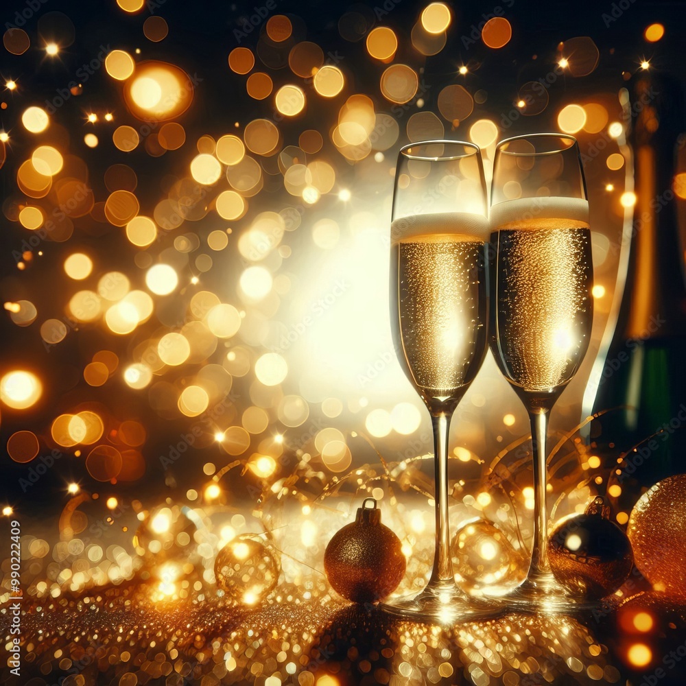 golden bokeh glitters background with two champagne glasses and champagne bottle golden bokeh glitters background with two champagne glasses and champagne bottle