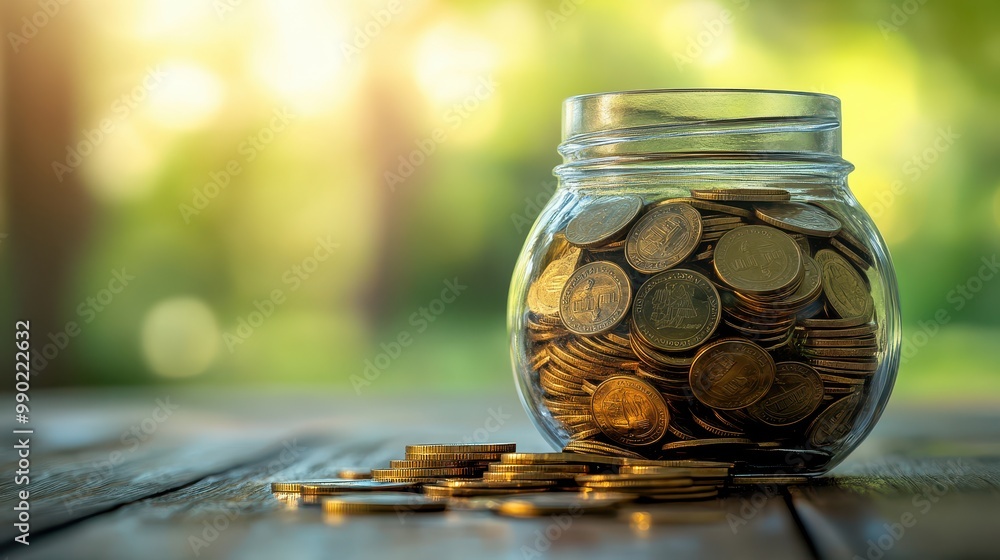 A transparent jar filled with golden coins on a wooden surface, illuminated by soft sunlight in a serene outdoor setting. A transparent jar filled with golden coins on a wooden surface, illuminated by soft sunlight in a serene outdoor setting.