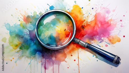 Watercolor Painting of a Magnifying Glass with Colorful Splatter Background