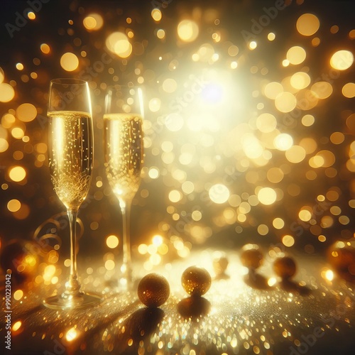 golden bokeh glitters background with champagne glasses