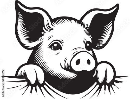 silhouette of peeking pig vector art illustration