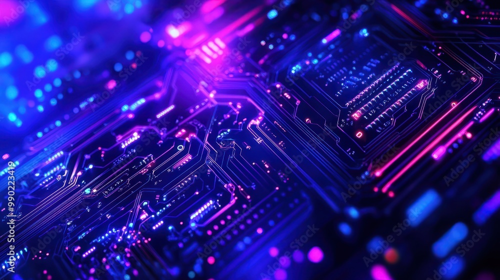 Blue and purple technology background circuits intertwine, illustrating the seamless fusion of advanced engineering and artistic design, Sharpen with copy space Blue and purple technology background circuits intertwine, illustrating the seamless fusion of advanced engineering and artistic design, Sharpen with copy space