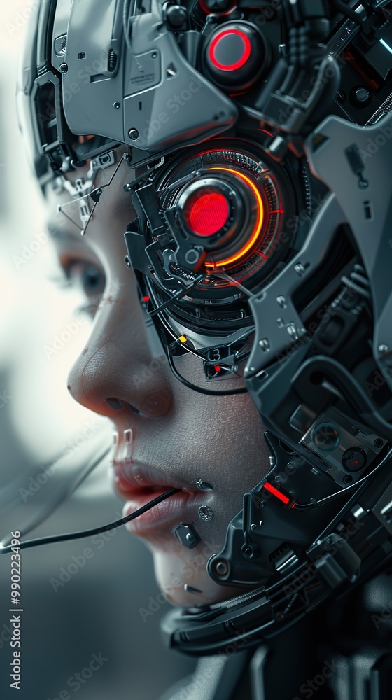 Cyberpunk Cyborg: Futuristic Humanoid with Glowing Red Eye Cyberpunk Cyborg: Futuristic Humanoid with Glowing Red Eye