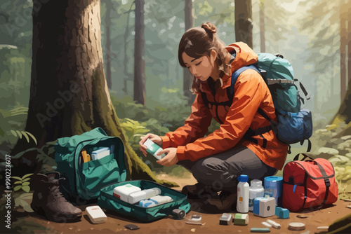 an illustration backpacker preparing first aid kit in forest