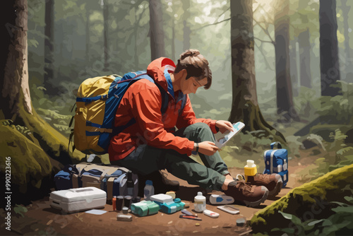 an illustration backpacker preparing first aid kit in forest