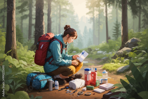 an illustration backpacker preparing first aid kit in forest