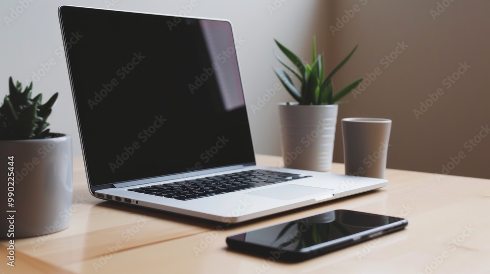 Minimalist Workspace with Laptop and Smartphone Minimalist Workspace with Laptop and Smartphone