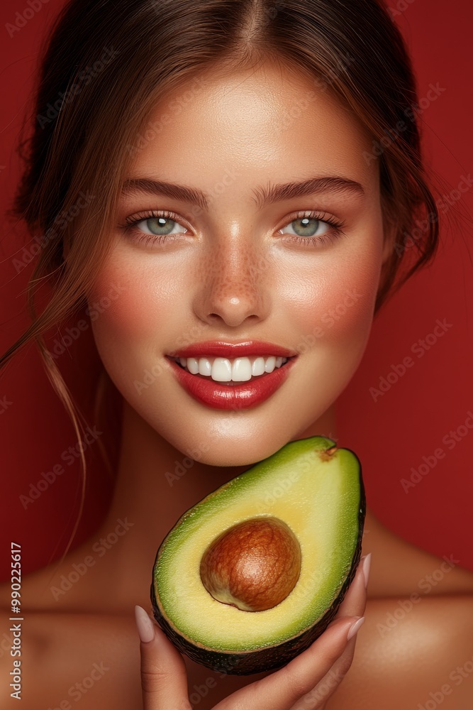 The young woman holds a halved avocado, displaying its creamy flesh while smiling warmly. The vivid red backdrop accentuates her glowing skin and playful expression The young woman holds a halved avocado, displaying its creamy flesh while smiling warmly. The vivid red backdrop accentuates her glowing skin and playful expression