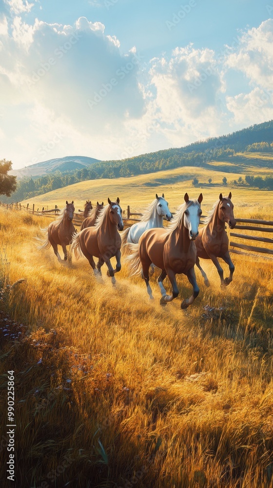 Elegant Horses Galloping Through Golden Meadow Elegant Horses Galloping Through Golden Meadow