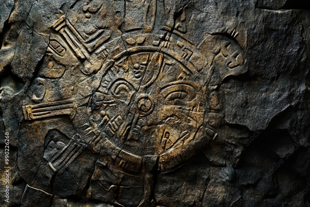 Obraz premium Carved stone texture with ancient symbols and deep engravings, worn by time