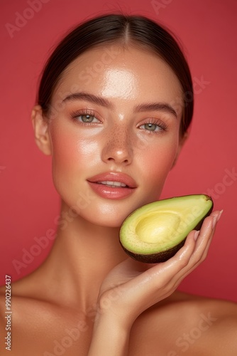 A woman with glowing skin smiles while holding a halved avocado near her cheek, showcasing a vibrant pink backdrop that emphasizes her natural beauty